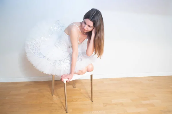 Ballerina White Tutu Sits Chair — Stock fotografie