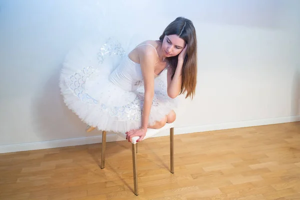 Ballerina White Tutu Sits Chair — Φωτογραφία Αρχείου