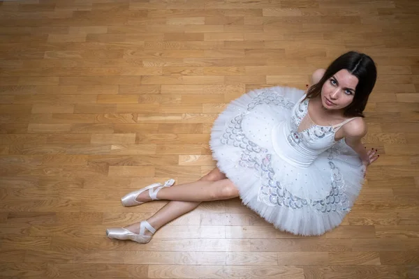 Ballerina White Tutu Floor Looking — Zdjęcie stockowe
