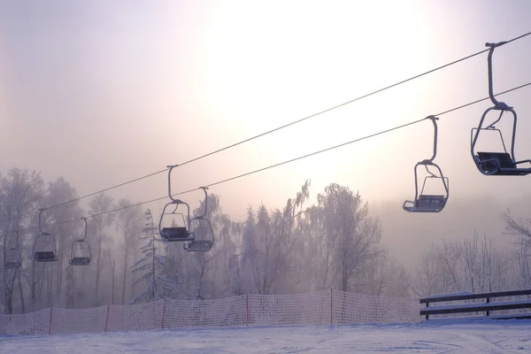 Arbres Enneigés Sous Givre Dans Une Station Ski Ascenseur Funiculaire — Photo