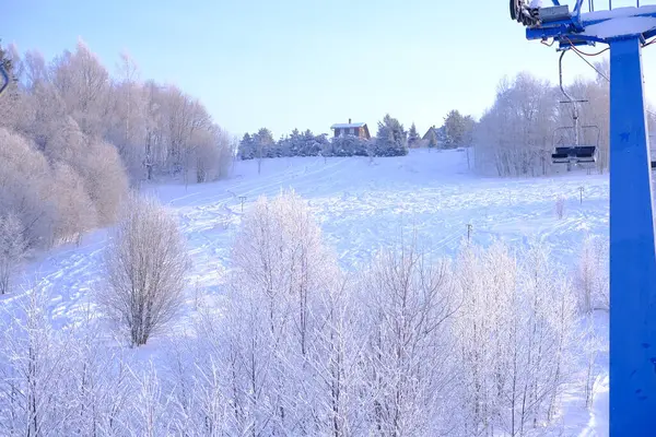 Besneeuwde Bomen Vorst Van Een Skigebied Lift Kabelbaan Skilift — Stockfoto