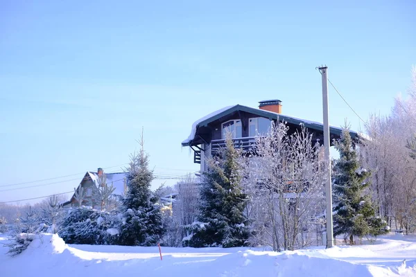 山の中の家は冬は雪に覆われ 近くには3本のクリスマスツリーがあります — ストック写真