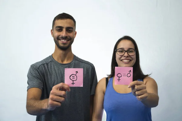 Hombre Camisa Gris Mujer Camisa Púrpura Sobre Fondo Blanco Con — Foto de Stock