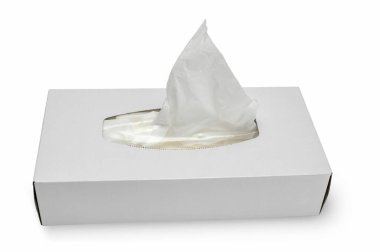 Tek kullanımlık antibakteriyel kağıt mendiller beyaz bir karton kutuda metin ve etiket için kopyalama alanı ile birlikte.