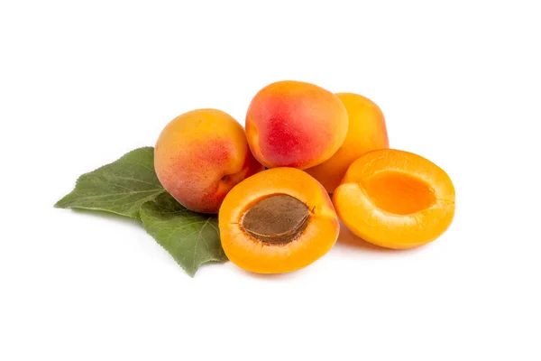 Fresh Ripe Apricots Leaves Isolated White Background — Stock Photo, Image