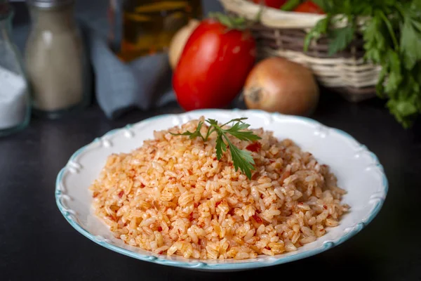 Traditionelle Köstliche Türkische Küche Reispilaf Mit Tomaten Türkischer Name Domatesli — Stockfoto