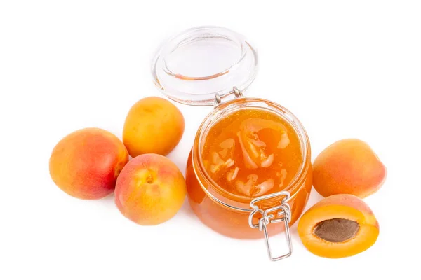 Apricot Jam Glass Jar Fresh Apricots Isolated White Background — Stock Photo, Image