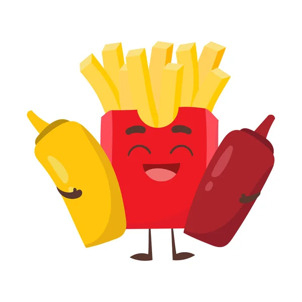 Cartoon Illustration Von Niedlichen Spaß Pommes Frites Ketchup Und Mayonnaise — Stockfoto
