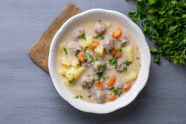 Sopa Temperada Com Almôndegas Com Legumes Nome Inglês Sulu Kofte — Fotografia de Stock