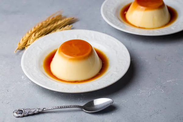 Cream caramel pudding with caramel sauce in plate