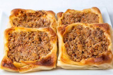 Geleneksel lezzetli Türk yemekleri; Türkiye 'nin kıymalı Kaytaz pastası Hatay - Antakya bölgesi (Türkçe adı: Kaytaz boregi)