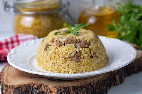 Traditional Delicious Turkish Cuisine Bulgur Pilaf Meat Turkish Name Etli — Stock Photo, Image