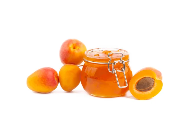 Glass Bowl Sweet Apricot Jam Fresh Fruit White Background — Stock Photo, Image