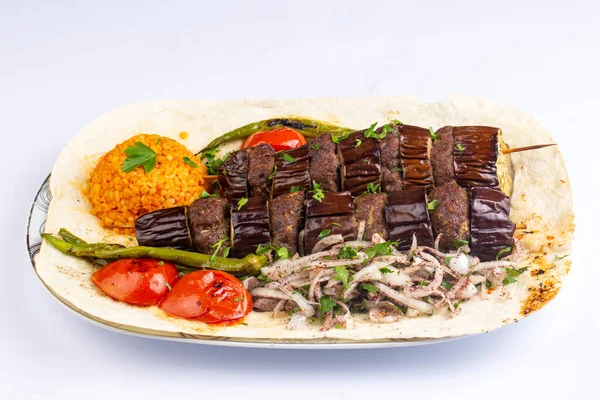 Berenjena Kebab Turco Albóndigas Berenjena Recién Asada Kebabs Cocina Oriente — Foto de Stock