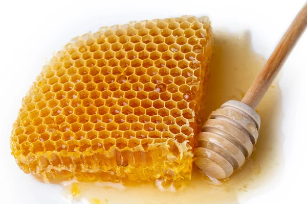 Sweet Honeycomb Isolated White Bee Products Organic Natural Ingredients Concept — Foto de Stock