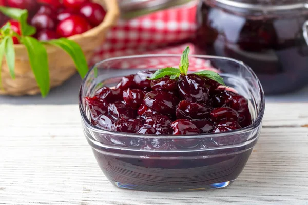 Jars Freshly Homemade Cherry Jam Sour Cherry Jam Turkish Name — Stock Photo, Image