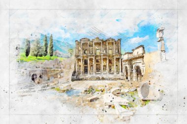 Watercolor painting of the ancient library of the ancient city of Ephesus, Turkey