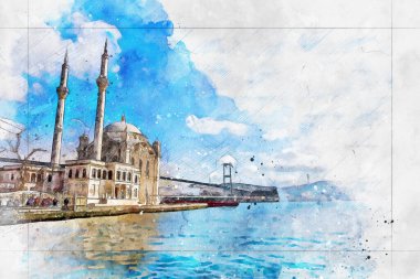Amazing view of landscape in the morning sunrise at Ortakoy Mosque and Bosphorus Bridge, one of the most popular locations in the Bosphorus of Istanbul, Turkey. - watercolor painting