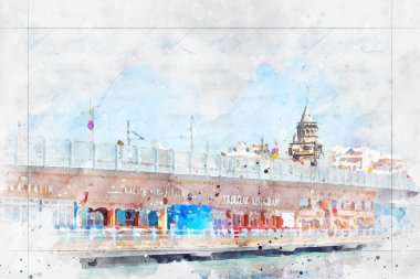 Istanbul skyline with Galata bridge artistic watercolor work with Galata tower in the background