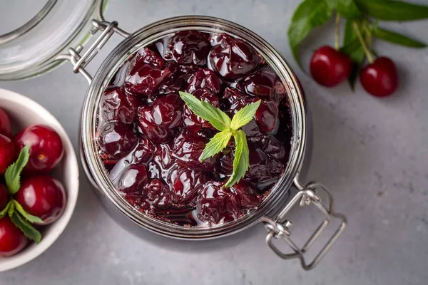 Jars Freshly Homemade Cherry Jam Sour Cherry Jam Turkish Name — Stock Photo, Image
