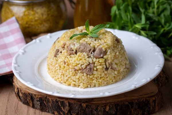 Cocina Tradicional Turca Deliciosa Bulgur Pilaf Con Carne Nombre Turco — Foto de Stock