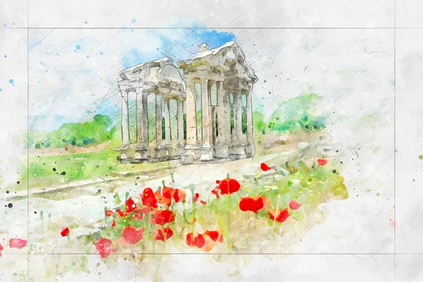 Artistic Drawing Painting Watercolors Ancient City Aphrodisias — ストック写真