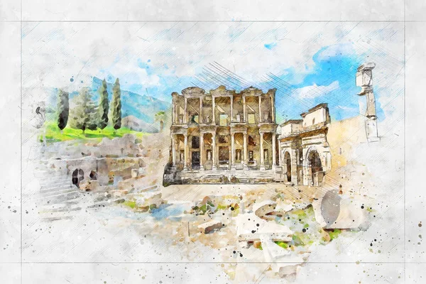 Watercolor Painting Ancient Library Ancient City Ephesus Turkey — ストック写真