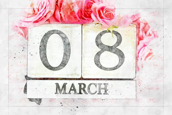 March 8Th Calendar Copcept Photo International Women Day Water Color — Stock Photo, Image