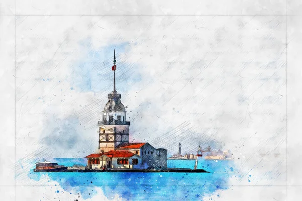 Maiden Tower Kiz Kulesi Bosphorus Istanbul Capital Turkey Painted Watercolor — Foto Stock
