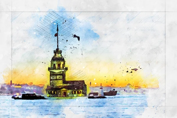 Maiden Tower Kiz Kulesi Bosphorus Istanbul Capital Turkey Painted Watercolor — ストック写真