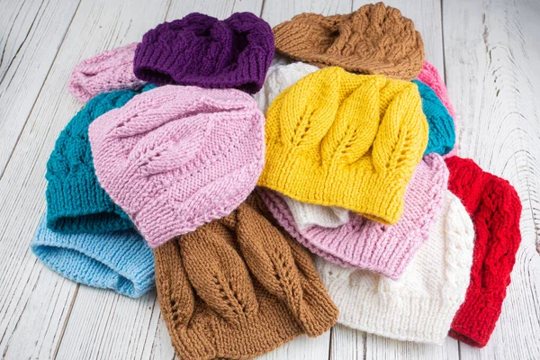 Colorful Handmade Knitting Wool Caps — Stock fotografie
