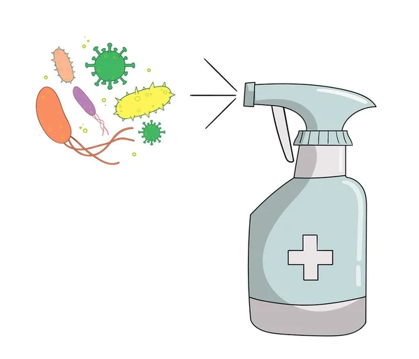 Covid 19 disinfection. Sanitizer spray, sprayed disinfectant kill bacteria and virus. Coronavirus protection concept illustration. Disinfectant bacteria, covid-19 virus, protection disinfection