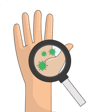 Hand and magnifying glass with particles covid 19 illustration design