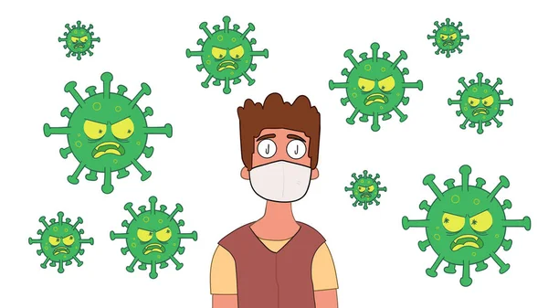 Man wearing a medical mask with viruses flying around. Coronavirus spread in the world concept. Illustration of person with mask and virus attack.