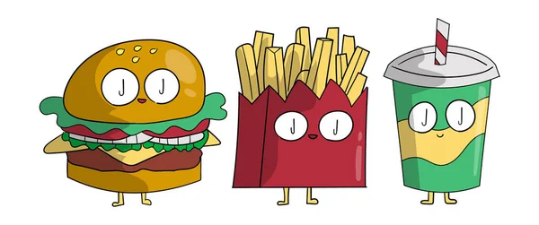 Funny cute burger,soda and french fries friends. flat cartoon character illustration icon design. Isolated on white background. French fries, burger,fast food cafe concept