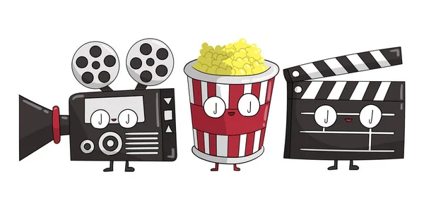 Cute Cinema Clapperboard Camera Popcorn Cartoon Characters — Stock Photo, Image