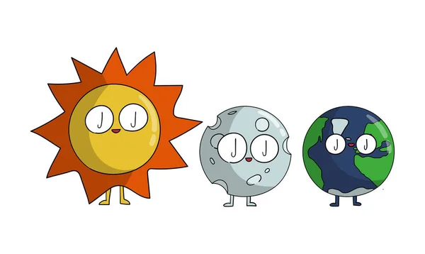 Cute Funny Sun Moon Earth Cartoon Characters — Stockfoto