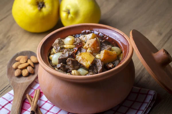 Traditional delicious Turkish foods; Quince and plum lamb stew, lamb tandoori (Turkish name; Ayvali - erikli kuzu guvec - kuzu tandir