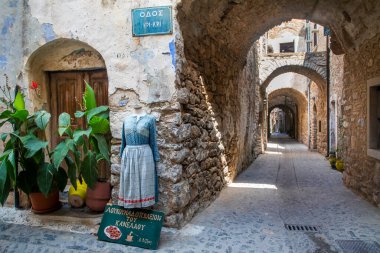 Chios Island, Greece - August 27, 2022. Mesta village street view in Chios Island, Greece. The village of Mesta is the most distant of the medieval villages. clipart