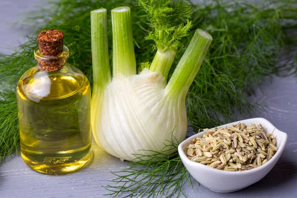 A bottle of fennel essential oil with fresh green fennel twigs and fennel seeds in the background