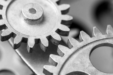 Eski saat mekanizması ve SMM görünümünü kapatın. Başarılı iş tasarımınız için kavramsal fotoğraf. Kopya alanı dahil.