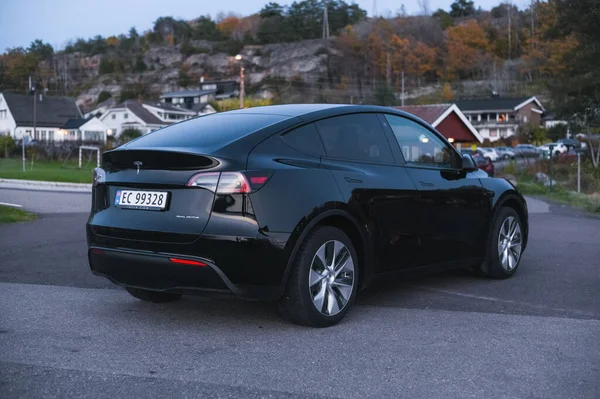 Tonsberg Norwegia Oktober 2021 Tesla Hitam Model Long Range Dual — Stok Foto