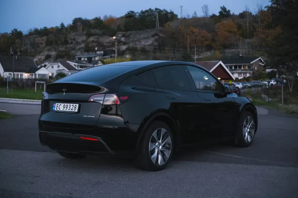 Tonsberg Norsko Října 2021 Černý Tesla Model Long Range Dual — Stock fotografie