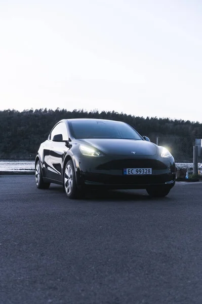 Tonsberg Noorwegen Oktober 2021 Zwart Tesla Model Long Range Dubbele — Stockfoto