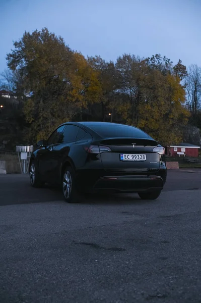 Tonsberg Norveç Ekim 2021 Siyah Tesla Modeli Long Range Çift — Stok fotoğraf