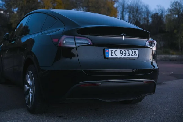 Tonsberg Norsko Října 2021 Černý Tesla Model Long Range Dual — Stock fotografie