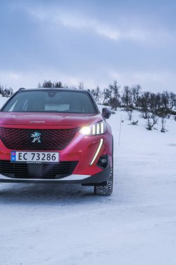 Rauland, Norveç - 14 Ocak 2022: Kırmızı elektrikli otomobil Peugeot e-2008 GT yeni bir SUV elektrikli otomobil.. 