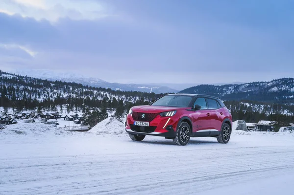 Rauland Noruega Janeiro 2022 Carro Todo Elétrico Vermelho Peugeot 2008 — Fotografia de Stock