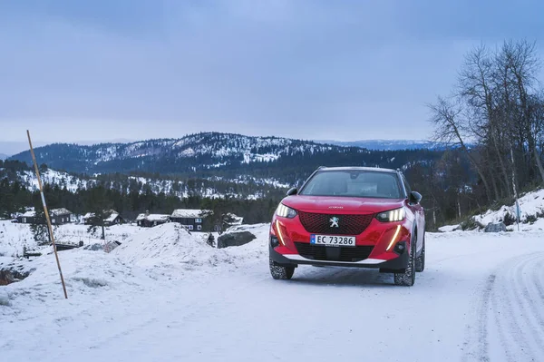 Rauland Norvégia 2022 Január Red All Electric Car Peugeot 2008 — Stock Fotó