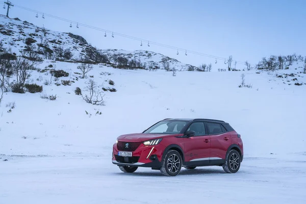 Rauland Noruega Enero 2022 Rojo Todo Eléctrico Coche Peugeot 2008 —  Fotos de Stock